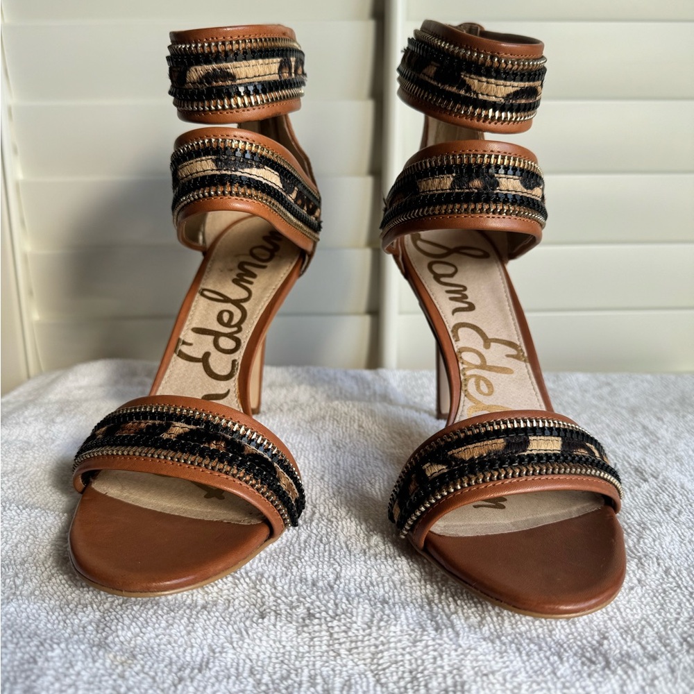 Sam Edelman Tan & Black Leather Leopard Print Cuff Sandals